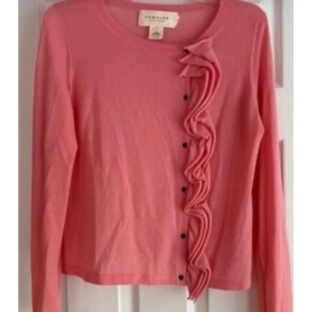 DEMYLEE NEW YORK Cardigan Womens Size M Pink Coral Ruffle Knit Cashmere Luxe - Picture 2 of 5